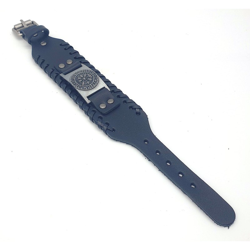 Vikings Vegvisir Viking Compass Leather Bracelet Metal Black Silver, Zinc