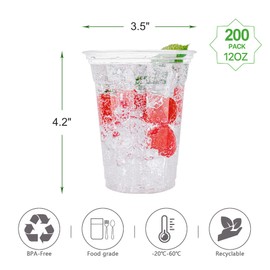 Lullaby 200 Pack Disposable PET Plastic Cups, 12oz Crystal Clear Plastic Cups Bulk, Disposable Cups for Party and Daily Use
