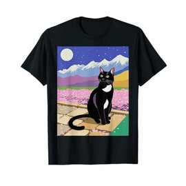 Black Cat Night Scene Cherry Blossom Moon Mountain Art T-Shirt