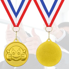 Donrime Smiley Medals for Children, Pack of 12 Golden Thumb Metal Medals Winner Medal with Medal Ribbon for Sports Day Awards, Children's Birthday, Football & Tournaments Contest, Children Adults