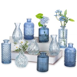 Glasseam Glass Bud Vases for Centerpieces, Vintage Embossed Small Vases | 10Pcs Blue, Thick Glass Vases for Single Flower Mini Stem, Versatile Table Decorations for Home, Offices and Wedding Party
