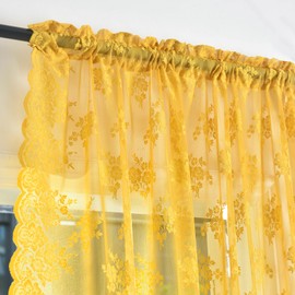 Kotile 72 Inch Gold Lace Curtains 2 Panels, Country Rustic Retro Mustard Yellow Sheer Lace Curtains 72 Inches Long for Living Room, Rod Pocket Light Filtering Privacy Window Curtain Drapes, 52 x 72 In