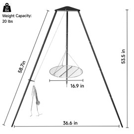 DPZM Campfire Tripod for Cooking, Campfire Cooking Equipment, Round Grill Grate with Adjustable Height for BBQ Picnic Outdoor Cookware Party & Collapsible Legs for Easy Storage