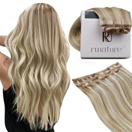RUNATURE Clip in Hair Extensions Human Hair 20 Inch Ash Brown Highlight Platinum Blonde Clip in Human Hair Extensions Straight Real Hair Clip in Extensions 50g 3Pieces