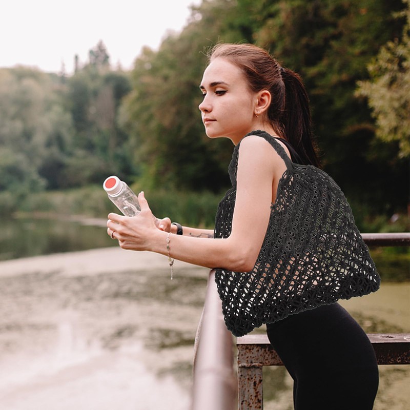 TENDYCOCO Shoulder Bag Mesh Beach Bag Woven Cotton Hollow for