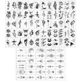 90 Blätter Schwarze Temporäre Klebetattoos Schwarzer Lotus Blumen Tribal Gefälschter Schmuck Anhänger Spitze Mond Motten Tattoos Temporäre Abnehmbare Tattoo Aufkleber Papier Frauen Mädchen Hals Arm