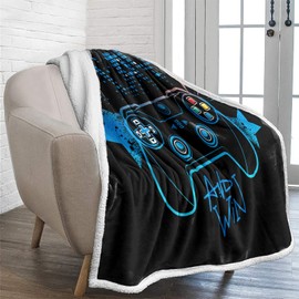 Lunoroey Gamer Blanket Throw Boys Bedding Kids Teens Gamepad Gaming Controller Design Blue Black Sherpa Fleece Blanket Throw Super Soft Sofa Blanket 130x150cm