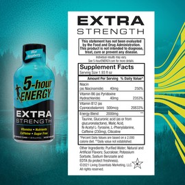 5-Hour ENERGY Shots Extra Strength | Blue Raspberry Flavor | 1.93 oz. 30 Count | Sugar Free 4 Calories | Amino Acids and Essential B Vitamins | Dietary Supplement | Feel Alert and Energized