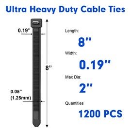 Zip Ties, RAZCC 1200pcs Black Cable Zip Ties 8 Inch, Heavy Duty Plastic Wire Ties with 50lb Tensile Strength, Self-Locking Black Nylon Tie Wraps for Indoor and Outdoor