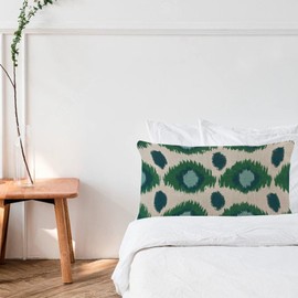 Rustic Throw Pillow Cover 12x20in Peacock Green and Aqua Bukhara Ikat Home Decoration Solid Cushion Case Jungle Botanical Oblong Cotton Linen Pillows Cover for Bench Outdoor Car