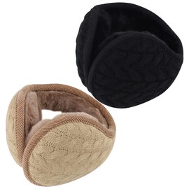 Pack of 2 Earmuffs Women's Winter Foldable Ear Warmers Plush Earmuffs Outdoor Fleece Earmuffs Warm Knitted Earmuffs Women Men Earmuffs for Skiing Walking Running, Black Khaki