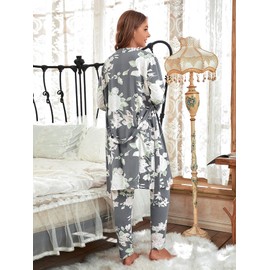 WDIRARA Women's 3 pcs Sleepwear Leaf Print Cami and Pants Pajama Set with Robe Floral Multi L