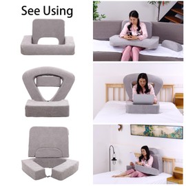 Opuvidity Reading Pillow for Sitting in Bed Adult， Lap Desk，Laptop Desk for Couch，Back and Arm and Leg Support， Memory Foam Adjustable Three-Piece Set, Light Gray