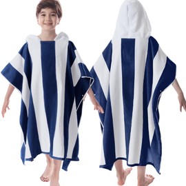 VOOVA & MOVAS Hooded Bath Towels for Big Kids | Teens (8-16Years), 100% Cotton Thick Poncho Towel Robe for Kids, Perfect for Pool, Beach, Bath and Gifts, Gem Blue Cabana Stripe