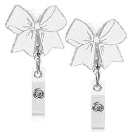 2 PCS Cute Bow Badge Reel, White Retractable Nurse Badge Holder Glitter Acrylic Badges Clip Bow ID Card Clip for Nurse Doctor Student Teacher Office Worker
