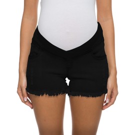 Foucome Maternity Jean Shorts Wide Elastic Band Maternity Shorts for Women Denim (Black, L)