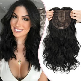 S-noilite Hair Toppers for Women 18 inch Synthetic Hair Pieces Lace Base Toppers 4 Clips in Wiglets Fringe for Ladies with Thinning Hair Loss Hair Extensions Wigs,Curly Wavy Dark Black