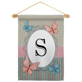 Breeze Decor S Initial Garden Flag Set Wood Dowel Monogram Friends Bugs & Frogs Butterfly Ladybugs Dragonfly Bee Springtime Insect Natural Wildlife House Yard Gift Double-Sided, Made in USA