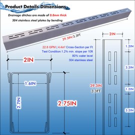 Pool Deck Drain 2-Inch Wide X 3.3-Feet Long,Silver Outdoor Deck Drainage System 304 Stainless Steel with Coupling,Channel Drain for Concrete/Paver/Patios/Walkways