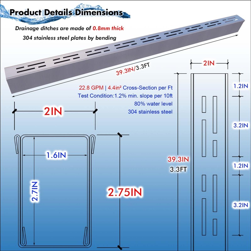 Pool Deck Drain 2-Inch Wide X 3.3-Feet Long,Silver Outdoor Deck