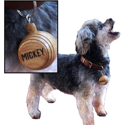 THOUSAND OAKS BARREL | Personalized Saint Bernard Style Miniature Oak Barrel Dog Charm for Small Pets (1.5" Inches), Custom Engraved Identification Tag