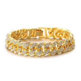 HALUKAKAH Cuban Link Chain for Kids Boys Teenager Iced Out,Gold Chain Miami Bracelet 18cm in 18k Real Gold Plated,Hand Set Lab Diamonds,Fits Ages 8-16 Y/O. with Giftbox