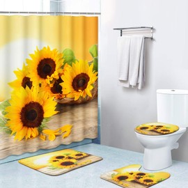 Britimes 4 Piece Shower Curtain Sets, with 12 Hooks, Summer Sun Sunflower with Non-Slip Rugs, Toilet Lid Cover and Bath Mat for Bathroom Decor Set, 72" x 72"
