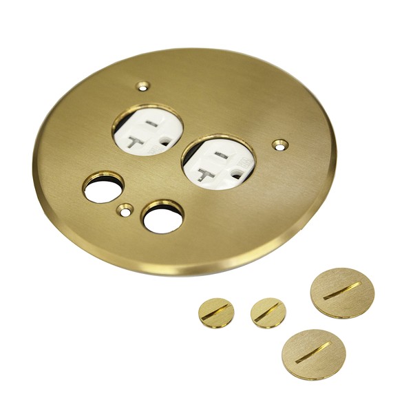 ENERLITES 705519-C Screw Cap Floor Box Cover, 5.50" Diameter, 20A Tamper-Weather Resistant Receptacle Outlet, Data Cable Holes, Watertight Gaskets, UL Listed, 975519-C, Brass