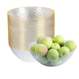 NZVCN 30 Pack Clear Plastic Bowls with Gold Rim, 12oz Disposable serving bowl Hammered Heavy-Duty Dessert/Salad Bowls for Party