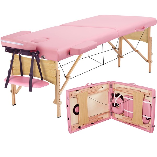 Yaheetech Massage Tables Portable Tattoo Table Lash Bed 28" Wide for Eyelash Extensions Height Adjustable Salon Face Cradle Bed, Pink