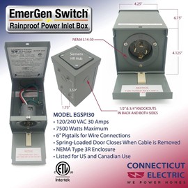 Connecticut Electric 30-Amp Power Inlet Box with Hinged Door, NEMA 3R Power Inlet Box, Generators Up to 7,500 Running Watts, ETL Listed