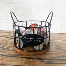 Coffee Pod Holder, K Cup Storage Basket Large Capacity Metal Wire Pod Organizer with Wooden Base Accessories Decor Station for Counter Office Kitchen Cafe Bar Desktop 10 Espresso Capsules Creamer
