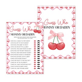 Kqfdr Hilarious Baby Shower Games - Who Mommy or Daddy Game, Pink Bow Cherry Party Favors, Ice Breaker Activities for Parents-to-Be-25 pcs, 5x7 in -B07