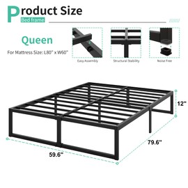 Lutown-Teen 12 Inch Bed Frame Queen Size Heavy Duty Steel Slat Support Metal Platform Queen Bed Frame No Box Spring Needed, Easy Assembly, Black