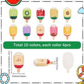 SUNNYCLUE 40Pcs 10 Styles Ice Cream Resin Charms Dessert Cabochons Flatback Summer Themed Sweet Imitation Food Fruits Ice Sucker Cabochon for Jewellery Making DIY Craft Scrapbooking Decor Accessories