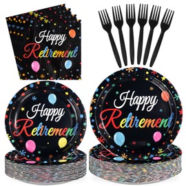 200Pcs Happy Retirement Party Decorations Colorful Retirement Plates and Napkins Tableware Set Black Retired Theme Decorations for Men Women Going Away Office Retired Farewell Party Supplies Serves 50