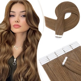 Elailite Tape Extensions - Invisible Tape Extensions Real Hair - Remy Real Human Hair - 20 Pieces 30 g Tape in Extensions - Straight - #06 Light Brown - 45 cm