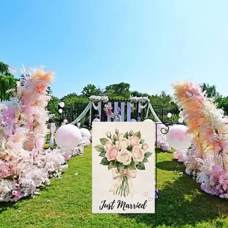 Just Married Wedding flower Garden Flag 12x18 Inch Burlap Double