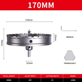 170mm Hole Saw LAIWEI Carbide Hole Cutter Stainless Steel Metal Drill Bit Tungsten Alloy Tip Cutting Diameter (6-11/16"TCT Hole Saw)