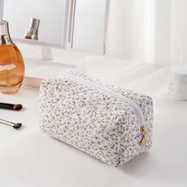 JOVAKIT 2Pcs Makeup Bag Quilted Cosmetic Bag for Women Girls, Floral Coquette Cotton Toiletry Zipper Make Up Pouch, Travel Storage Organizer Pouch (Purple Floral)