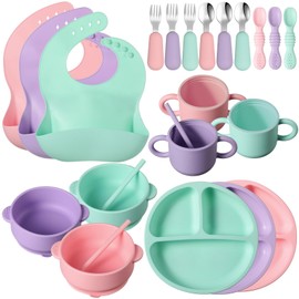 24 Pack Silicone Baby Feeding Set Baby Led Weaning Supplies Includes Suction Divided Plates Soft Bowl Spoons Forks Adjustable Bib Snack Cup and Straws for Baby Eating (Pink, Purple, Mint Green)