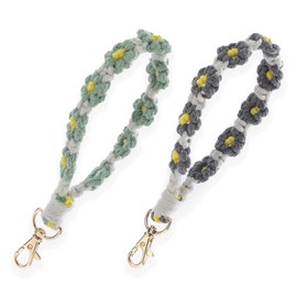 HIZEMLK 2PCS Boho Crochet Keychain, Handmade Daisy Flower Keychain Lanyards for keys, Cute Flower keychains Wristlet for Women, Wristlet Lanyards for Wallet Purse Keychain Accessories