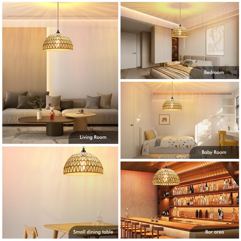 Plug in Pendant Light Rattan Hanging Lamp with 15 Ft