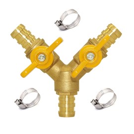 Hooshing 1/2" Hose Barb Brass 3 Way Shut Off Valve 2 Switch Y Shaped Ball Valve with Stainless clamps for Water Fuel Air