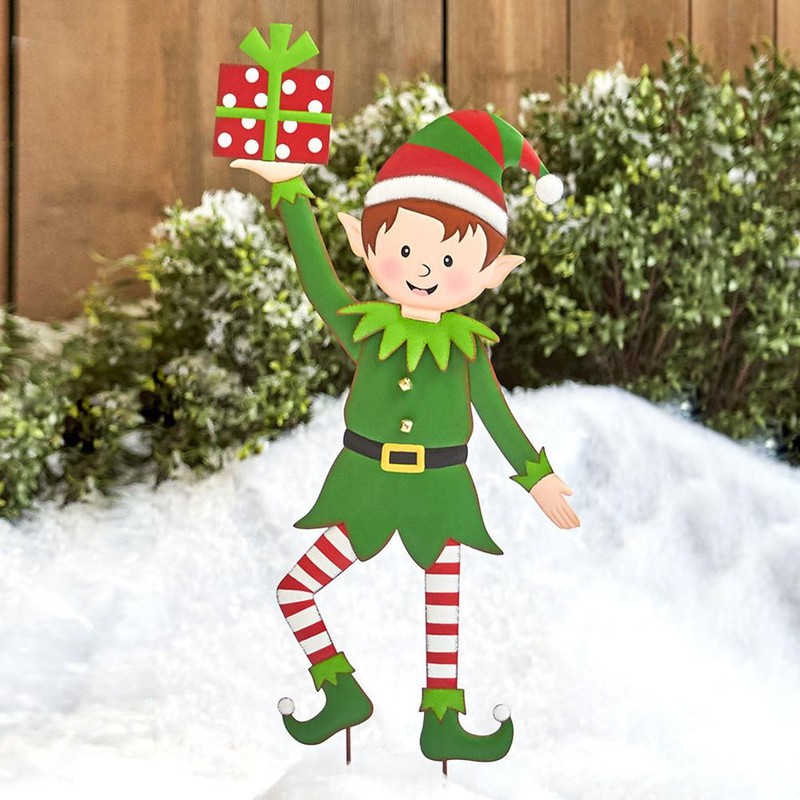 Christmas Elf Garden Stake Christmas Metal Gnome Yard Stake Wrought