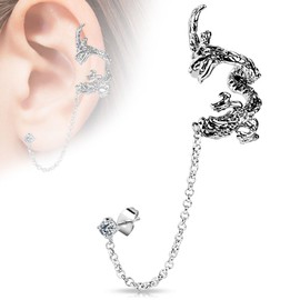 Bungsa Dragon Ear Cuff Ear Cuff with Chain Silver for Men and Women (Stud Earrings Conch Fake Piercing Earrings Ear Clip Earrings Women Men Fashion), Brass, No Gemstone