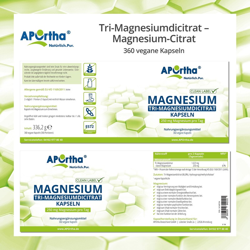 APOrtha® Magnesium Citrate - Tri-Magnesium Dicitrate 360 Capsules, 250 mg