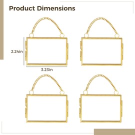 4 Pcs Double Glass Frame for Pressed Flowers, 2x3 inch Mini Hanging Glass Frame, Brass Hanging Photo Frame with Chain - for DIY Plant Specimen Wall Ornament Display Artwork (Gold)