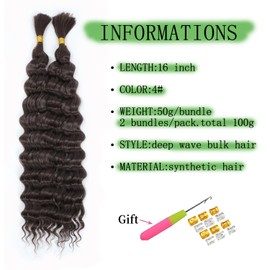 TAOYEMY Deep Wave Bulk Braiding Hair 100g (1 Pack—2 Bundles) Bundles Mixed Hair For Braiding Hair No Weft Boho Braids Wet and Wavy Synthetic Hair Extension (4#, 16 inch)