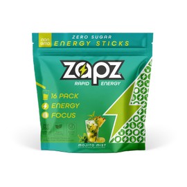 ZAPZ Caffeine, Vitamin, and Nootropic Energy and Focus Stick Packs - Mojito Mist Flavor - 200mg Caffeine per Stick (Zero Sugar, Gluten Free, Non-GMO, Vegan) - 16 Pack
